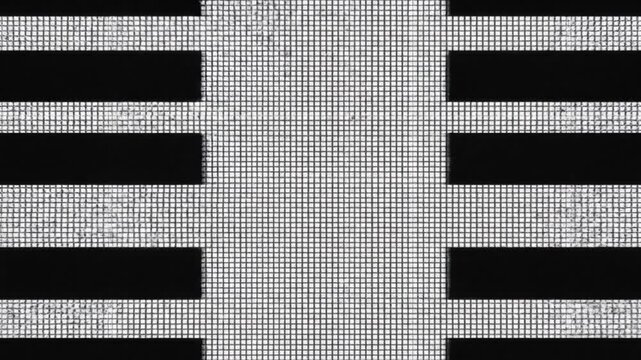Minimal glitch animation of censor bars sliding shifting across screen black rectangles covering revealing pixelated grid background dynamic motion seamless loop high contrast black white abstract geo