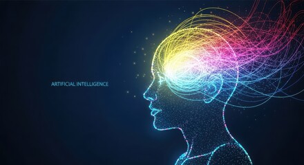Obraz premium Human Head Silhouette with Colorful Neural Network Rays in Dark Digital Background