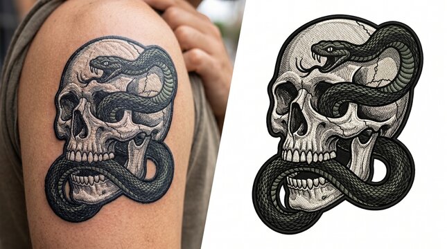 Tattoo design of snake wrapped skull.