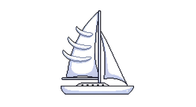 A minimalist two-dimensional illustration of a white sailboat with sails unfurled, suggesting movement on water, isolated on a clean white background for various design applications.