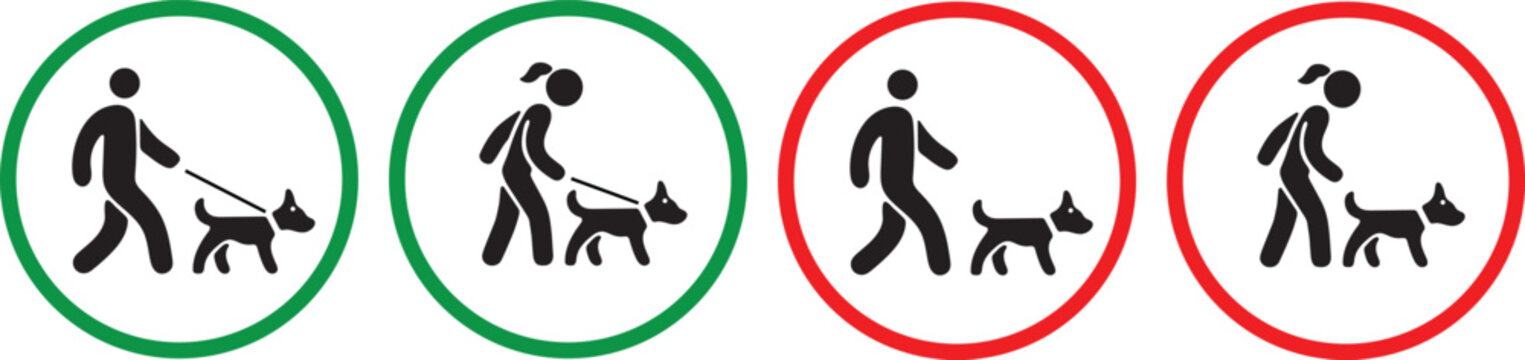 Dog walking and pet owner sign icon set collection vector illustration.