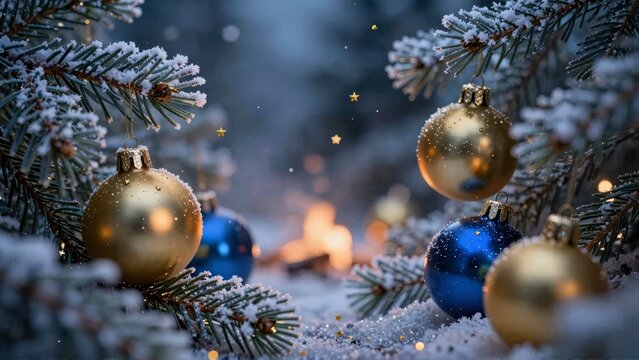 Festive Christmas Baubles on Snow Covered Fir Tree Branches