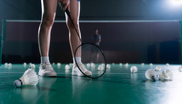 Close-up of a badminton player's legs and racket on a green court with scattered shuttlecocks and stadium lighting.