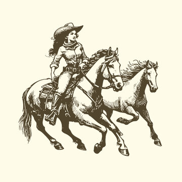 Illustration of a cowgirl riding two horses with equestrian outdoors adventure illustration creature multiple teamwork galloping