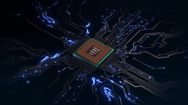 Futuristic microprocessor chip glowing blue circuit pathways on dark background advanced semiconductor technology, AI computing, digital innovation circuit board traces and electronic