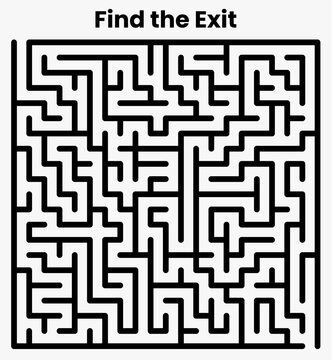 Black and white square maze puzzle with the text "Find the Exit." An educational logic game for children's brain development and problem solving.