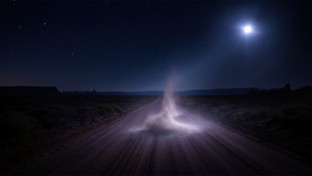 Dramatic night sky with bright moonbeam illuminating dark landscape and misty atmosphere