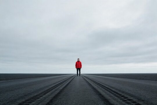 Person in red jacket on empty road