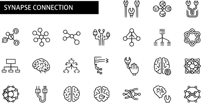 Synapse Connection Icons Set: Brain, Network, Technology, Neural Network, Machine Learning, Artificial Intelligence, Line Art