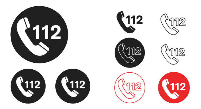 Set of black and white emergency call icons featuring the 112 symbol and phone graphics.