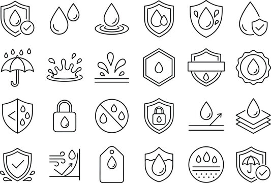 Waterproof and water resistant icons set