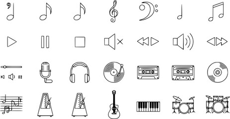 Music and Audio Industry Outline Icons Set. Black and White Line Art Symbols for Player Controls, Musical Instruments, and Sound Equipment. © vectorcorp