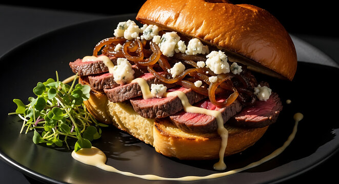 Delicious beef burger with blue cheese on black plate