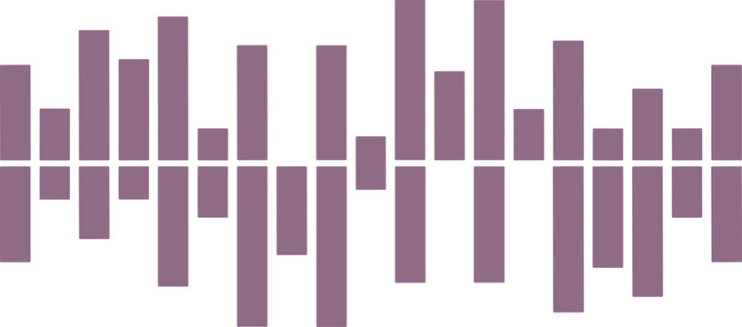 Purple audio waveform icon with vertical bars, symbolizing sound amplitude, frequency visualization, music analysis, digital signal processing, audio technology, and sound design illustration concept