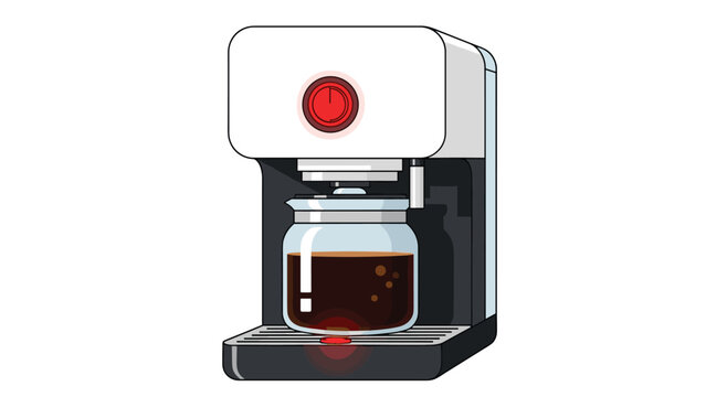 Modern drip coffee maker machine with a bright red power button and a glass pot filled with freshly brewed black coffee.
