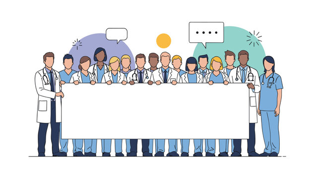 Diverse group of doctors and nurses in medical scrubs and lab coats holding a large blank white banner for text.