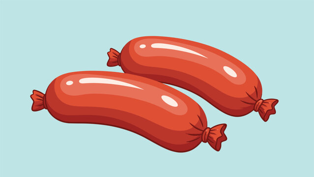 Two plump red sausages lying next to each other on a solid light blue background in a simple yet effective flat vector illustration style.