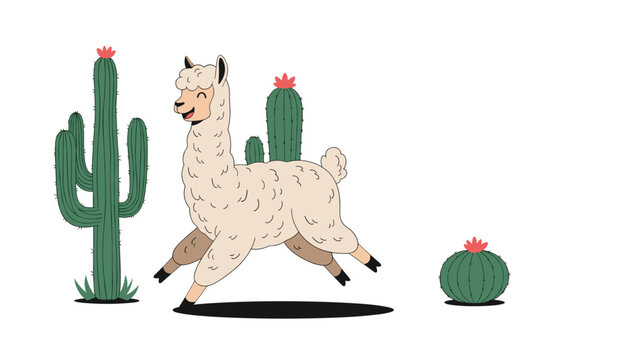 Cheerful llama character running happily through a desert landscape filled with various types of green cacti under a bright white background sky.