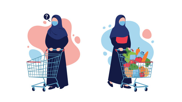 Two-part illustration of a woman wearing a blue hijab and mask pushing a shopping cart, showing the difference between an empty and full cart.