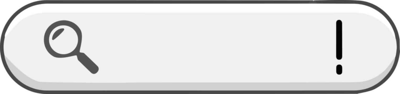 Minimalist empty search bar graphic featuring a magnifying glass icon and an exclamation point symbol on a plain white background