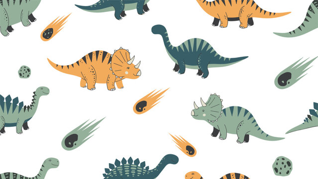 Fun pattern background for children featuring various dinosaurs like triceratops and brontosaurus alongside falling meteors and asteroids.