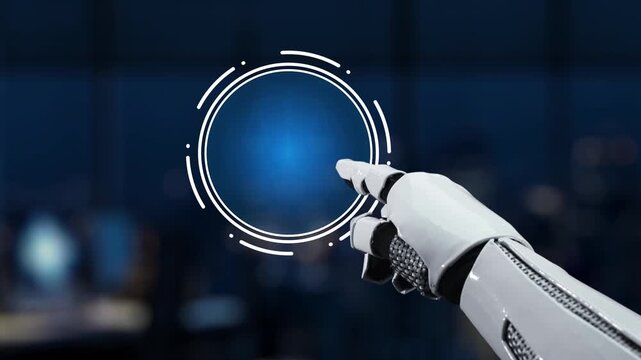A futuristic robot hand points to AI ethics, featuring scales of justice in a modern tech environment, emphasizing the importance of ethical considerations in artificial intelligence. Synapse