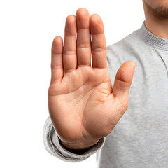 Obraz premium Open human hand palm facing forward isolated on white background for communication or stop gesture