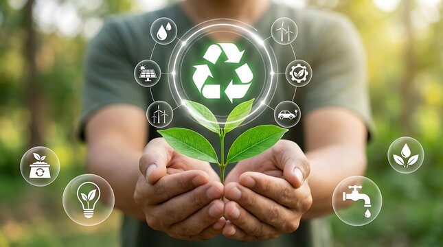 Human hands hold a small plant surrounded by glowing digital eco icons symbolizing environmental sustainability and recycling.