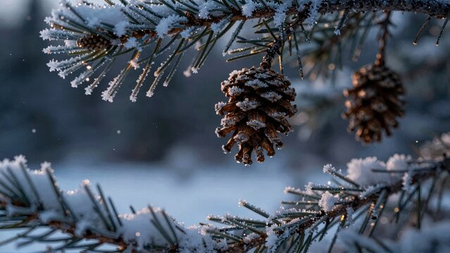 Winter Pine Cones on Snowy Spruce Branches Closeup
