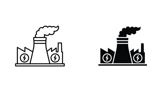Industrial power plant factory icon set featuring smoke stack and electricity symbols in outline and solid black styles for sustainable energy and manufacturing themes