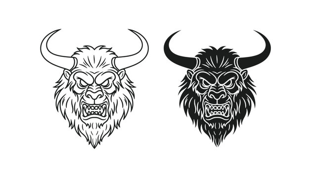Aggressive bull head icon set featuring horn and fur details in outline and solid black silhouette styles for sports mascot or branding graphic design