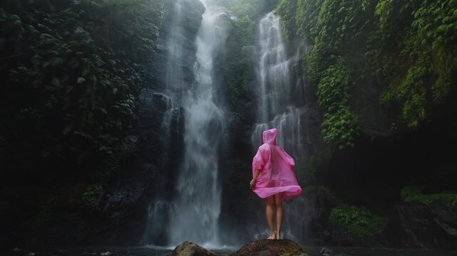 A young woman wearing a pink raincoat enjoying the view of a big tropical Fiji waterfall in Bali