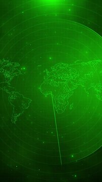Green global radar background with dotted world map, scanning circles, and tech grid glow. Perfect for news videos, cyber intros, data screens, network promos, technology titles, and overlays.