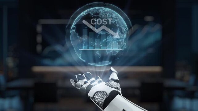 A futuristic robot hand showcases a holographic globe with cost analysis and global graph trends in a sleek office, emphasizing innovation and technology in business. Synapse