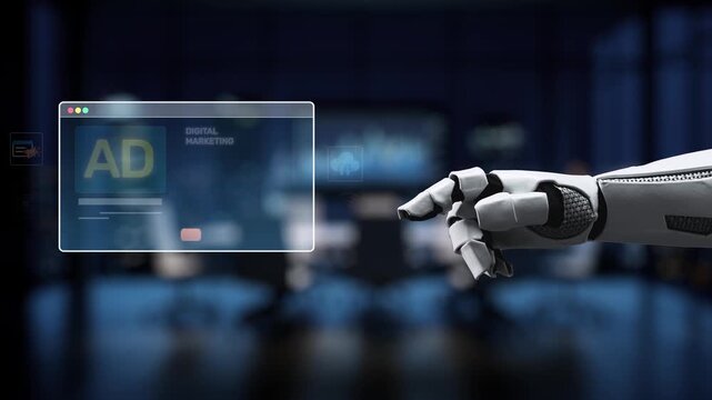 A robotic hand engages with a digital marketing interface, showcasing ad analytics, charts, and media icons in a contemporary office setting, symbolizing innovation. Synapse