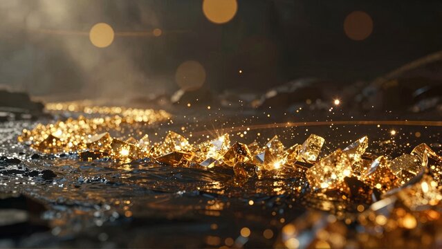 Cinematic Golden Crystal Shards Glowing on Dark Surface