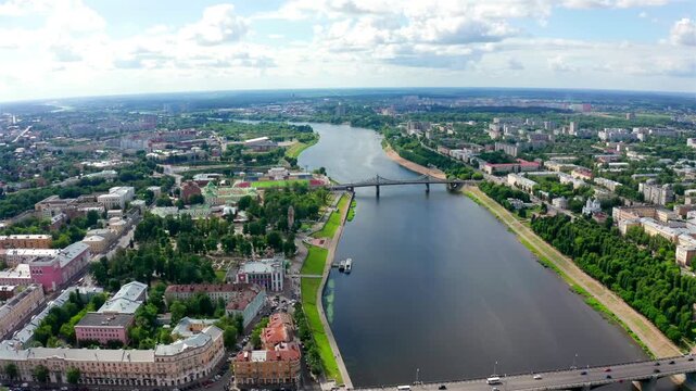 Panorama of the city of Tver, Russia. Drone footage. Volga River, Old Bridge. Drone footage