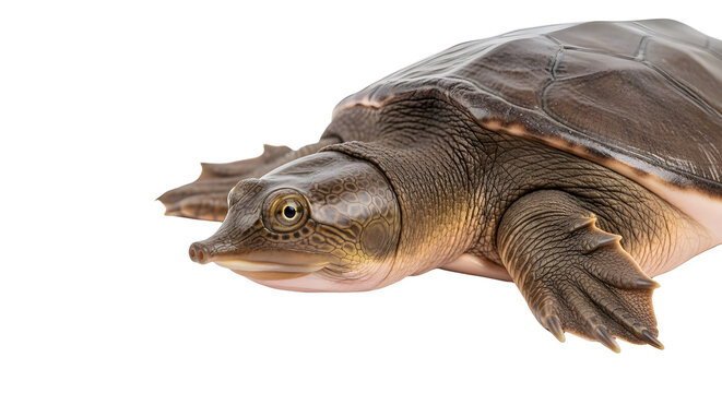 Spiny softshell turtle with a unique flattened brown carapace and a long pointed snout shown in profile against a plain white background capturing its distinct texture and natural aquatic features