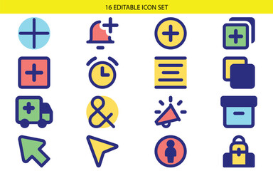 Fototapeta premium Editable icon set, 14 commercial symbols, business and productivity icons, navigation and security graphics