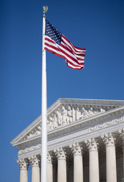 Supreme Court architecture landmark. US law authority in United States system. USA federal judicial branch building. American justice symbol.