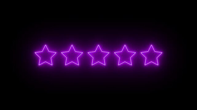 Neon Ratting five star icon animation. Glowing Customer satisfaction feedback 5 stare review icon motion. Top rating five star customer feedback icon 4k video footage.
