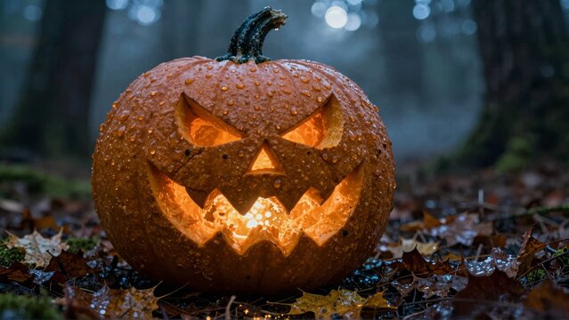 Spooky Halloween Pumpkin Glowing in Dark Misty Forest
