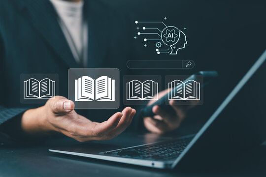 AI-powered e-library concept with digital books and online knowledge base, representing e-learning, education technology, and connected knowledge networks.