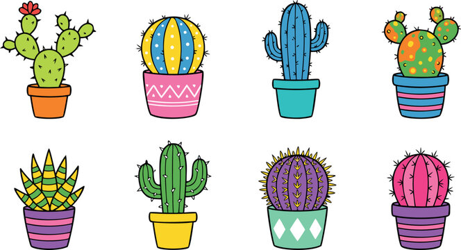 Collection of eight colorful hand drawn cartoon cactus and succulent plants in decorative patterned pots isolated on white background