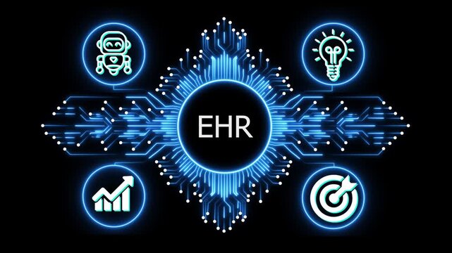 ENR logo on glowing circuit board network, connected business icons for finance, analytics, partnership, growth and innovation on black background