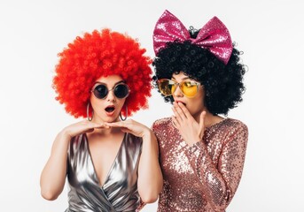 Fototapeta premium Two surprised young women in colorful afro wigs and sequined outfits pose against a white background.