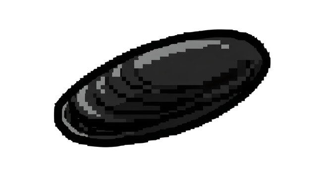 A single black mussel, depicted in a simple pixel art style, is isolated on a clean white background.