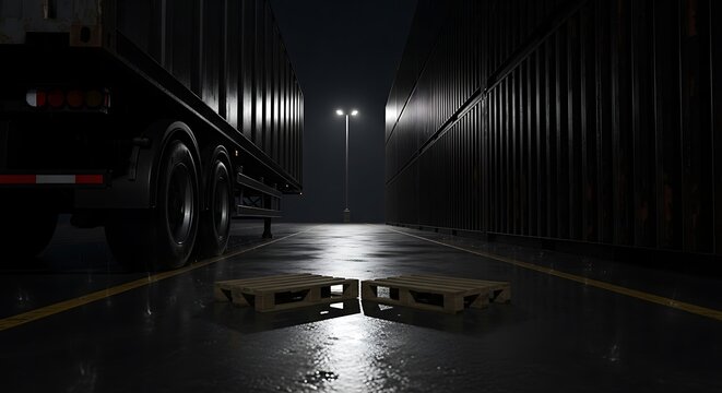 Industrial Container Terminal at Night with Wooden Pallets on Wet Asphalt under Street Lamp