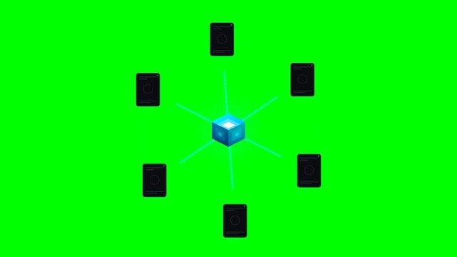 Decentralized Network Blockchain Data Synchronization Animation with Green Checkmarks on Chroma Key