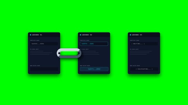 Decentralized Blockchain Ledger Technology Animation with Data Hashing and Chain Connection on Green Screen Background